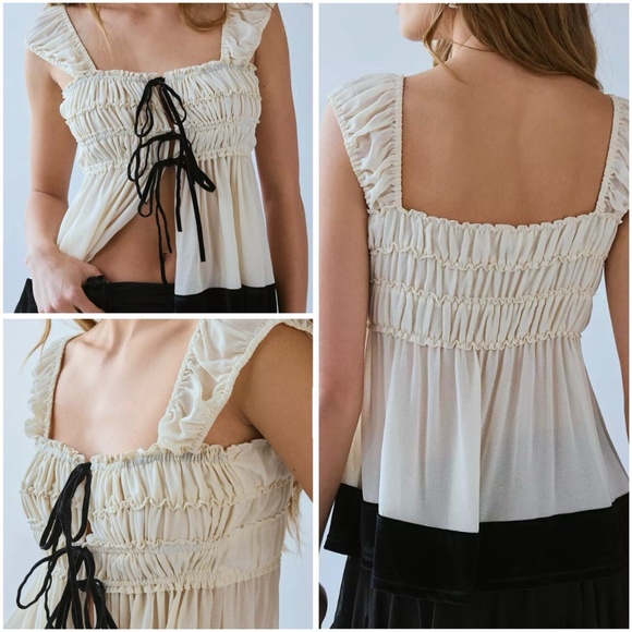 Kimchi Blue Melissa Tie Front Babydoll Blouse XL Ivory Black Velvet Trim NWT - Picture 1 of 15